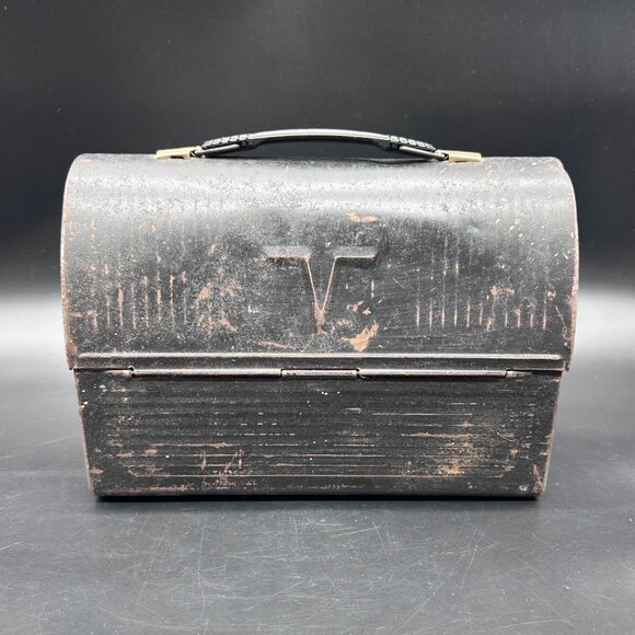 Vintage Thermos V Lunchbox Black Metal USA 1950s Retro Doomed Toolbox Industrial - Picture 4 of 16